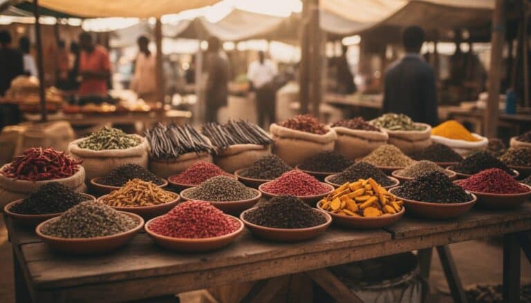 Étal d'épices de Madagascar : poivre, baies roses, vanille, sakay, curcuma